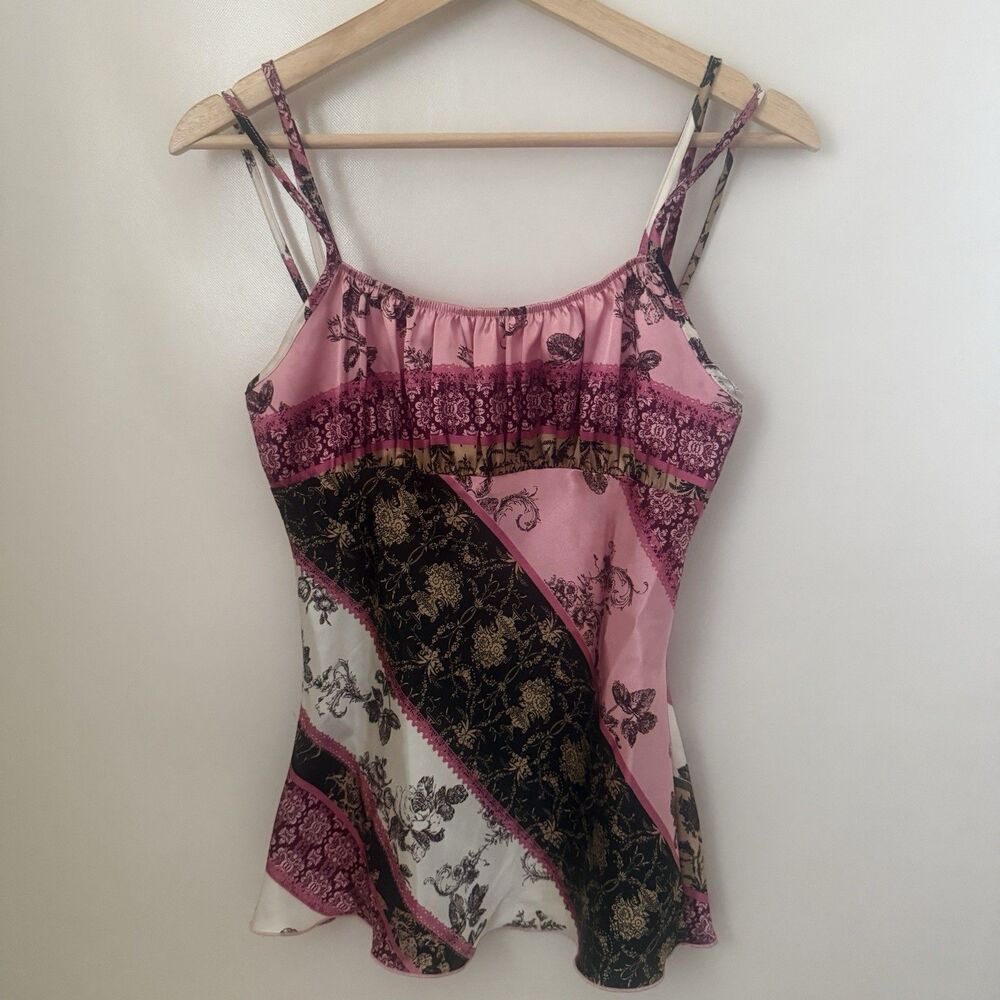 Vintage Y2K Paperdoll Cami Top Satin Pink Patchwork Bias Design Floral Baroque